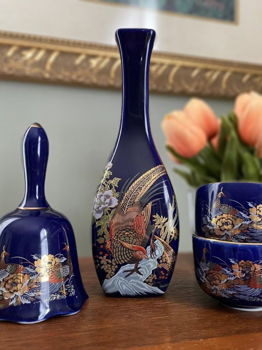 Vintage Cobalt Blue Porcelain Set - Bell, Bud Vase, and Teacups